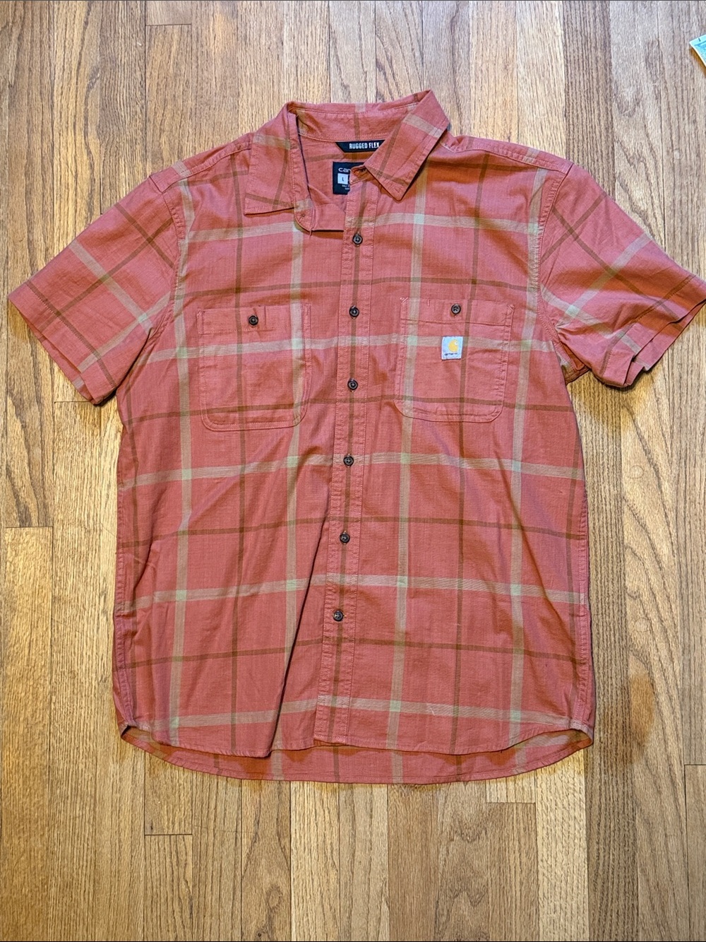 Carhartt Men's Short-Sleeve Plaid Button-Down Shirt in Rust and Tan